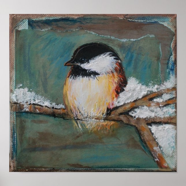 Póster Curte Winter Black Capped Chickadee Art Print (Frente)