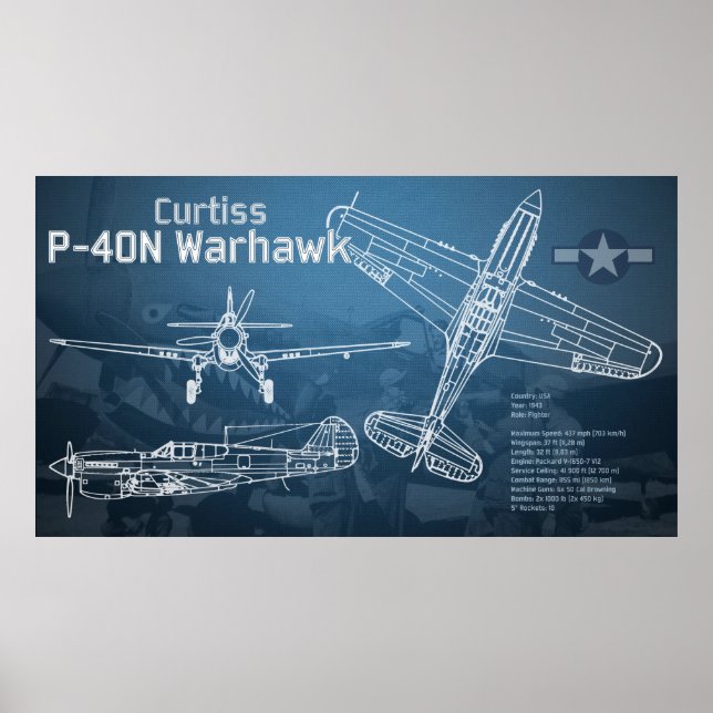 Póster Curtiss P-40 Warhawk Blueprint (Frente)