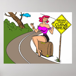 Póster Curva adelante, mujer hermosa haciendo autostop, d