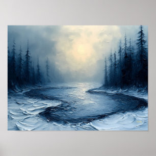 Póster Curva del río invernal: escena abstracta de bosque