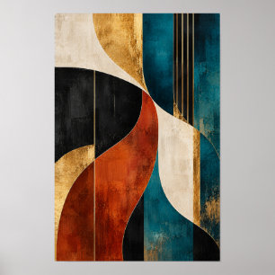 Póster Curvas entrelazadas abstractas de oro y verde azul