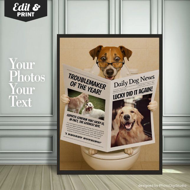 Póster Custom Bathroom Decor, Editable Dog with Newspaper (Custom Bathroom Decor, Editable Dog with Newspaper Poster)