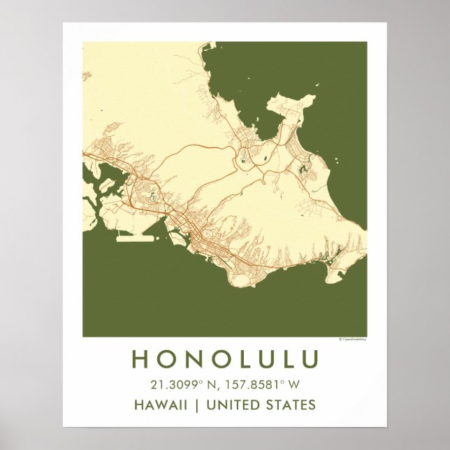 Póster Custom City Map Honolulu Hawaii Wall Art Poster (Frente)