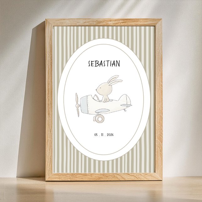 Póster Custom Cute Pilot Bunny Nursery Name Date Poster (Personalize Name and Date of this Cute Animal Nursery poster )