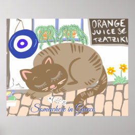 Póster Custom Greek Taverna Cat Mediterranean Scene