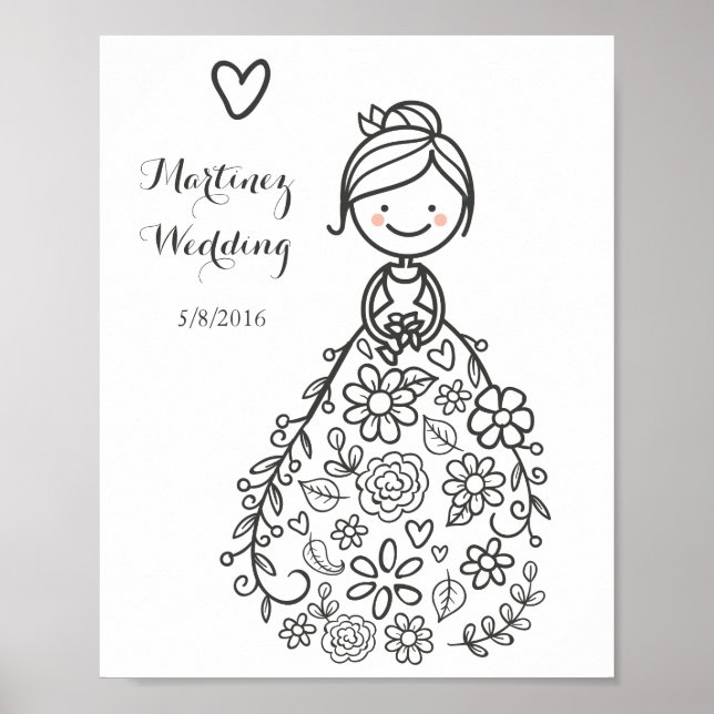 Póster Custom Illustrated Wedding Bride Coloring Page (Frente)