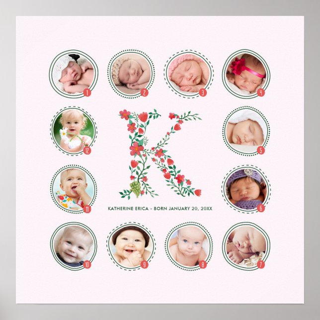Póster Custom K Name First Year Photo Collage Keepsake (Frente)