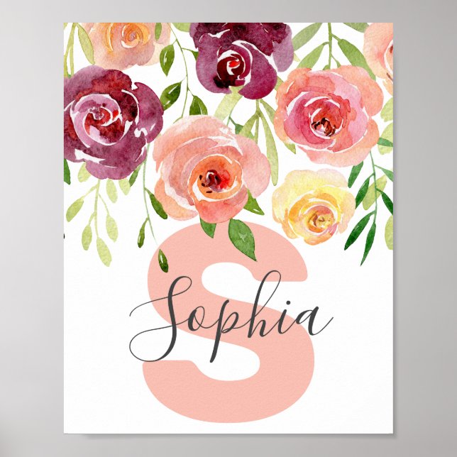 Póster Custom Name Girl Baby Floral Roses Girls Nursery (Frente)