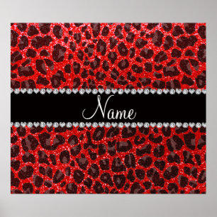 Póster Custom name neon red glitter leopard print