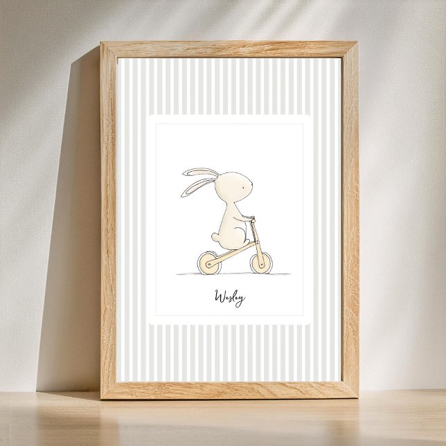 Póster Custom Name Nursery - Cute Bunny Stripes Poster (personalized cute animal nursery poster)