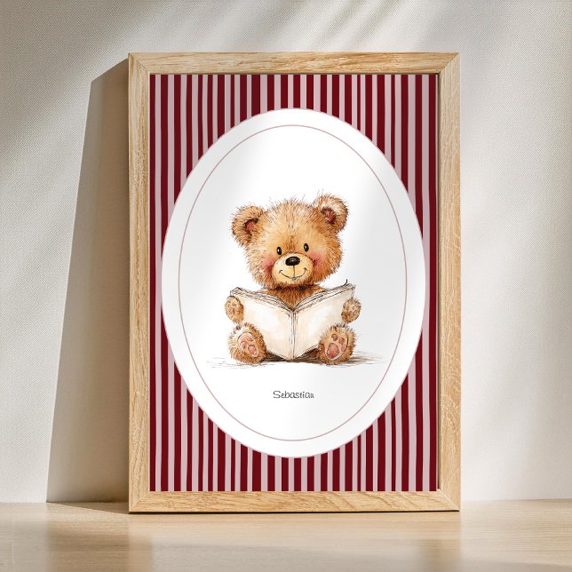 Póster Custom Name Nursery Wall Art - Teddy Bear Reading (Custom Name Print - Cute Teddy Bear Reading a Book Nursery Poster)