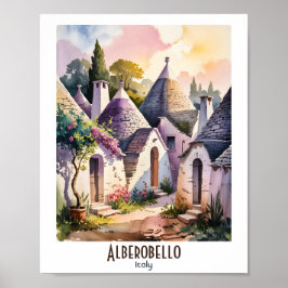 Póster Custom Text Alberobello Italy Trulli Watercolor