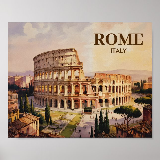 Póster Custom Text Rome Italy Colosseum Retro Watercolor (Frente)