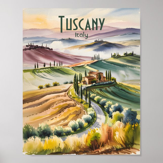 Póster Custom Tuscany Watercolor Rolling Hills Landscape (Frente)