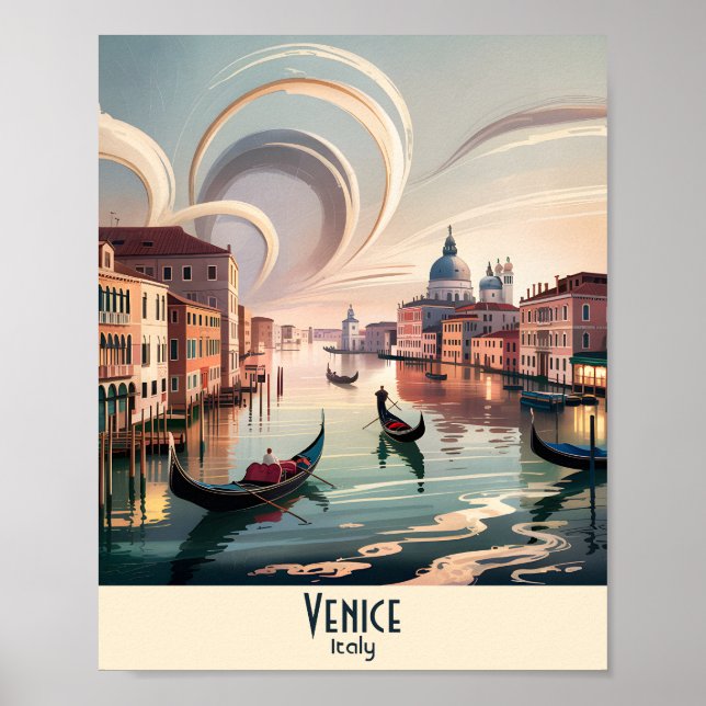 Póster Custom Venice Italy Gondola Canal Watercolor Retro (Frente)
