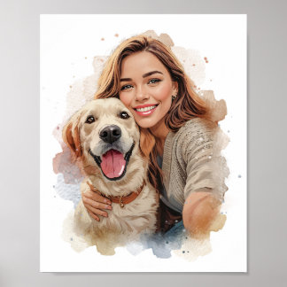 Póster Custom Watercolor Pet & Owner Portrait from Photo