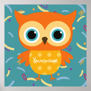 Póster Custom yellow owl blue pattern vintage nursery