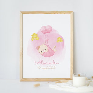 Póster Cuta acuarela Sleeping Kitten Pink Nursera Art