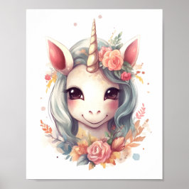 Póster Cuta de agua unicornio con retrato de flores
