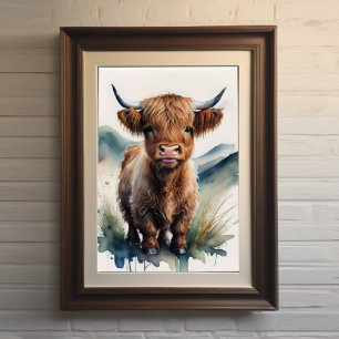 Póster Cuta pintura de color de agua de una vaca de la re