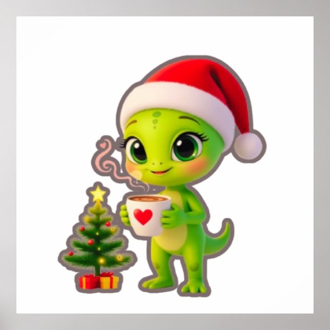 Póster **Cute 3D Green Alien in Santa Hat with Hot Chocol (Frente)