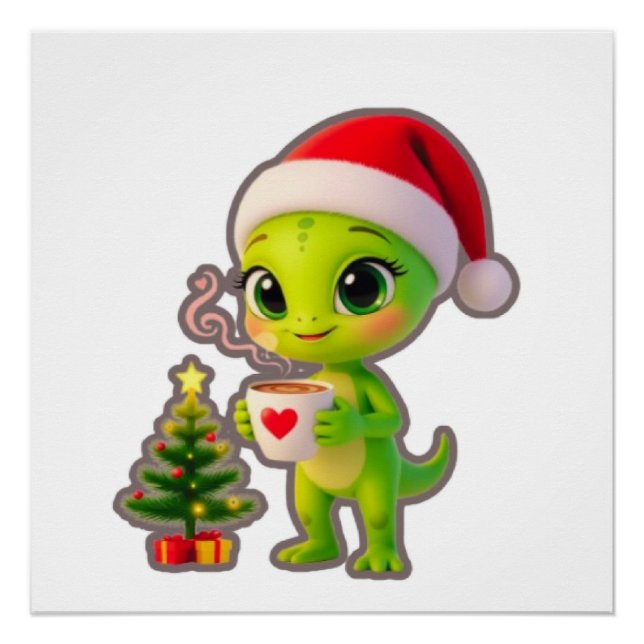 Póster **Cute 3D Green Alien in Santa Hat with Hot Chocol (Anverso)