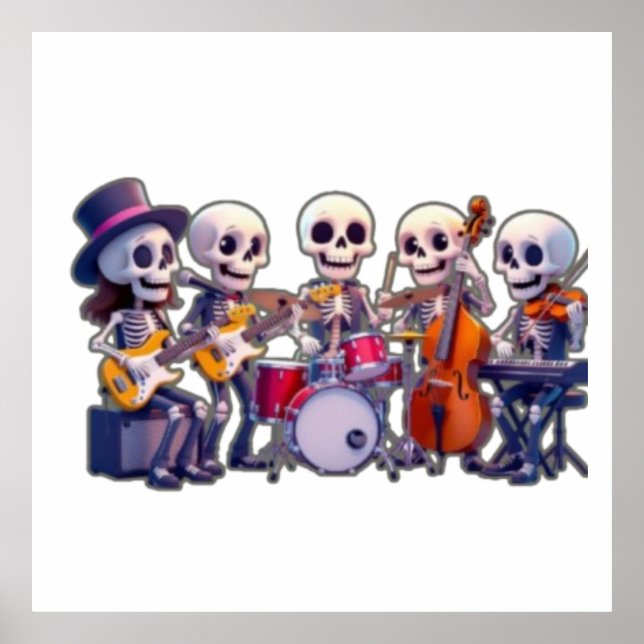Póster Cute 3D Skeleton Music Band – Adorable Cartoon Con (Frente)