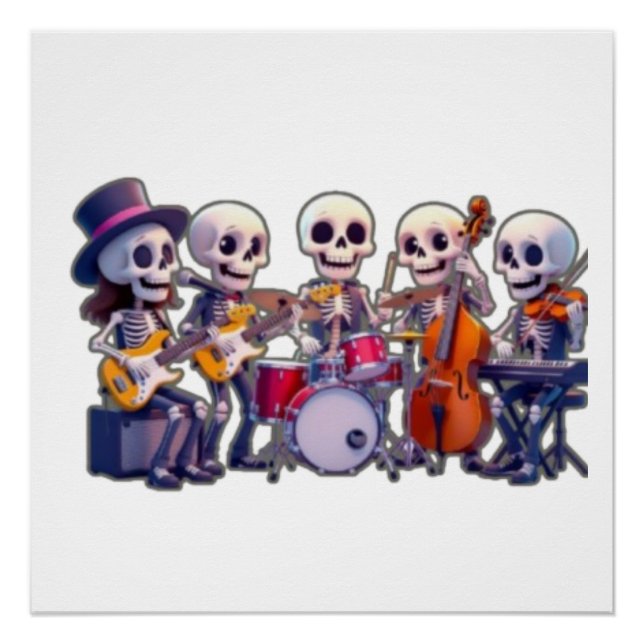 Póster Cute 3D Skeleton Music Band – Adorable Cartoon Con (Anverso)