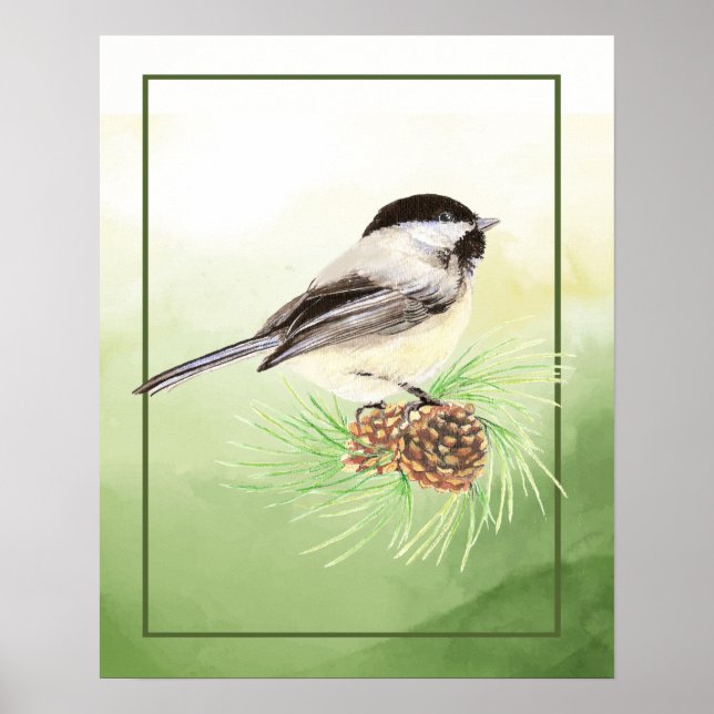 Póster Cute acuarela Chickadee Poster de pinos de pájaros (Frente)