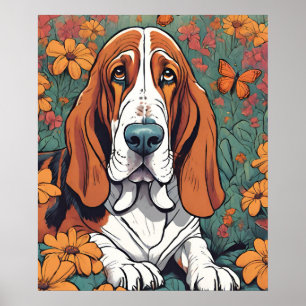 Póster Cute Ai Basset y mariposa en las flores