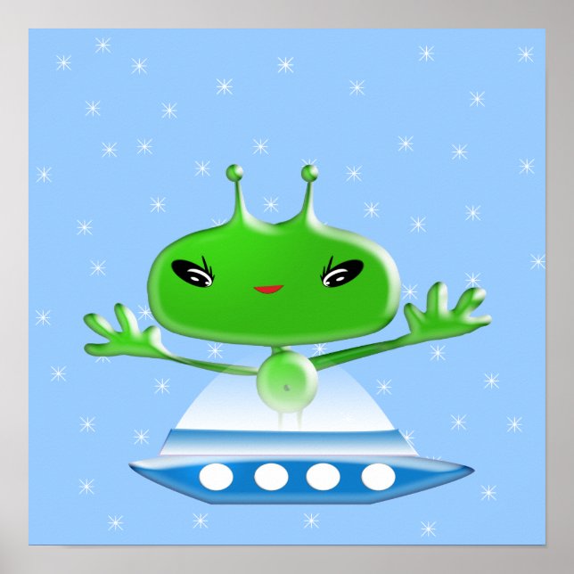 Póster Cute Alienígenas Verdes del Espacio Exterior con N (Frente)