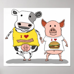 Póster Cute and Funny Cow and Pig Friends