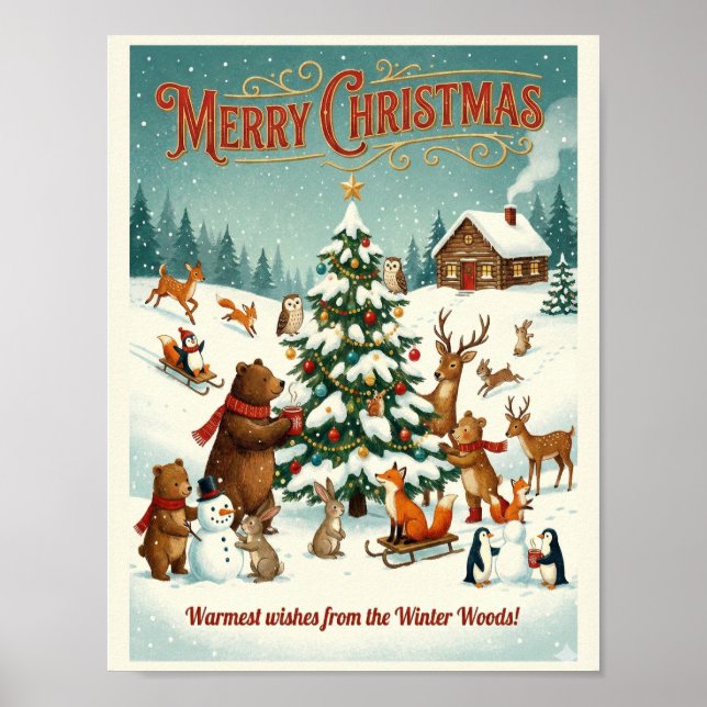 Póster Cute Animals Celebrating Christmas in Snow (Frente)