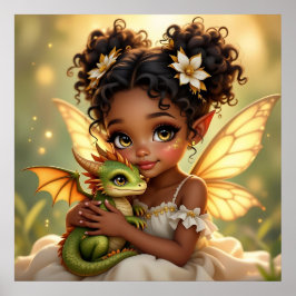 Póster Cute Anime Fairy Girl and Chibi Dragon