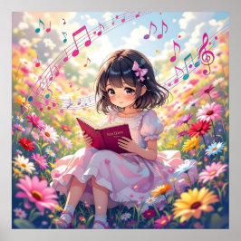 Póster Cute Anime Girl Reading a Book