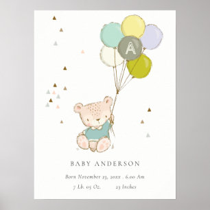 Póster Cute Aqua Bear Balloon Boys Monogram Birth Stat
