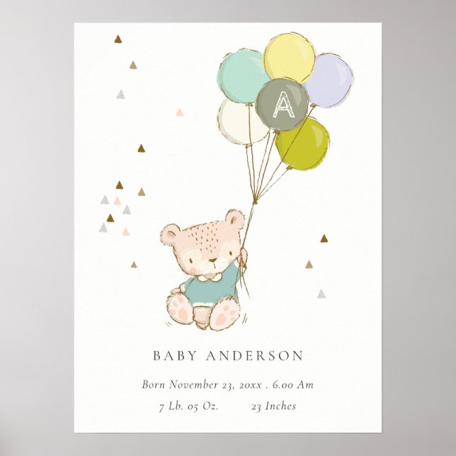 Póster Cute Aqua Bear Balloon Boys Monogram Birth Stat (Frente)