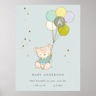 Póster Cute Aqua Bear Balloon Boys Monograma Estado de na