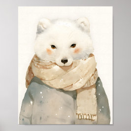 Póster Cute Arctic Fox Nursery Wall Art Watercolor Winter