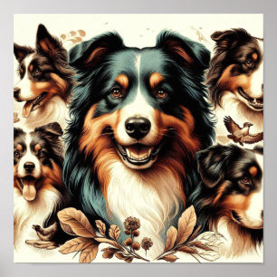 Póster Cute Australian Shepherd Painting