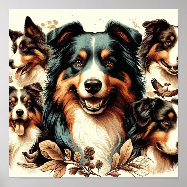 Póster Cute Australian Shepherd Painting (Frente)