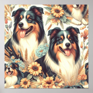 Póster Cute Australian Shepherd Vintage Painting