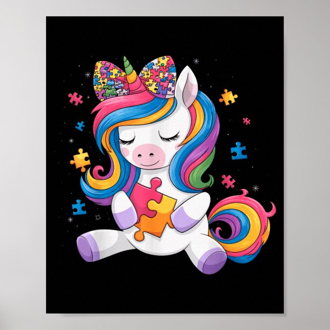 Póster Cute Autism Awareness Toddler Girl Bow Unicorn Puz (Frente)