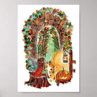 Póster Cute Autumn Fairy Halloween Watercolor