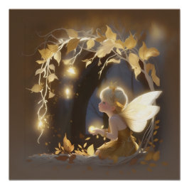Póster Cute Autumn Fairy with Glowing Flowers