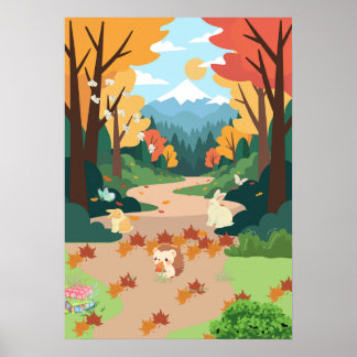 Póster Cute Autumn Forest Animals Cozy Landscape Art Post