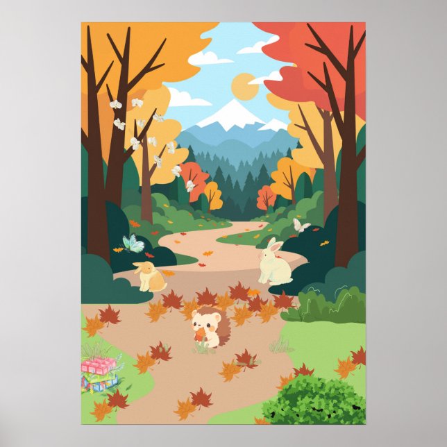 Póster Cute Autumn Forest Animals Cozy Landscape Art Post (Frente)