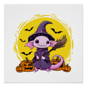 Póster Cute Axolotl Witch Halloween