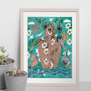 Póster Cute azul turquesa niños arca de Noé niños