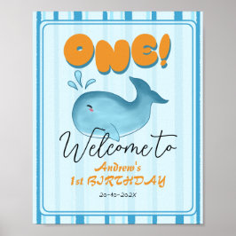 Póster Cute Baby Blue Whale 1st Birthday Welcome Sign